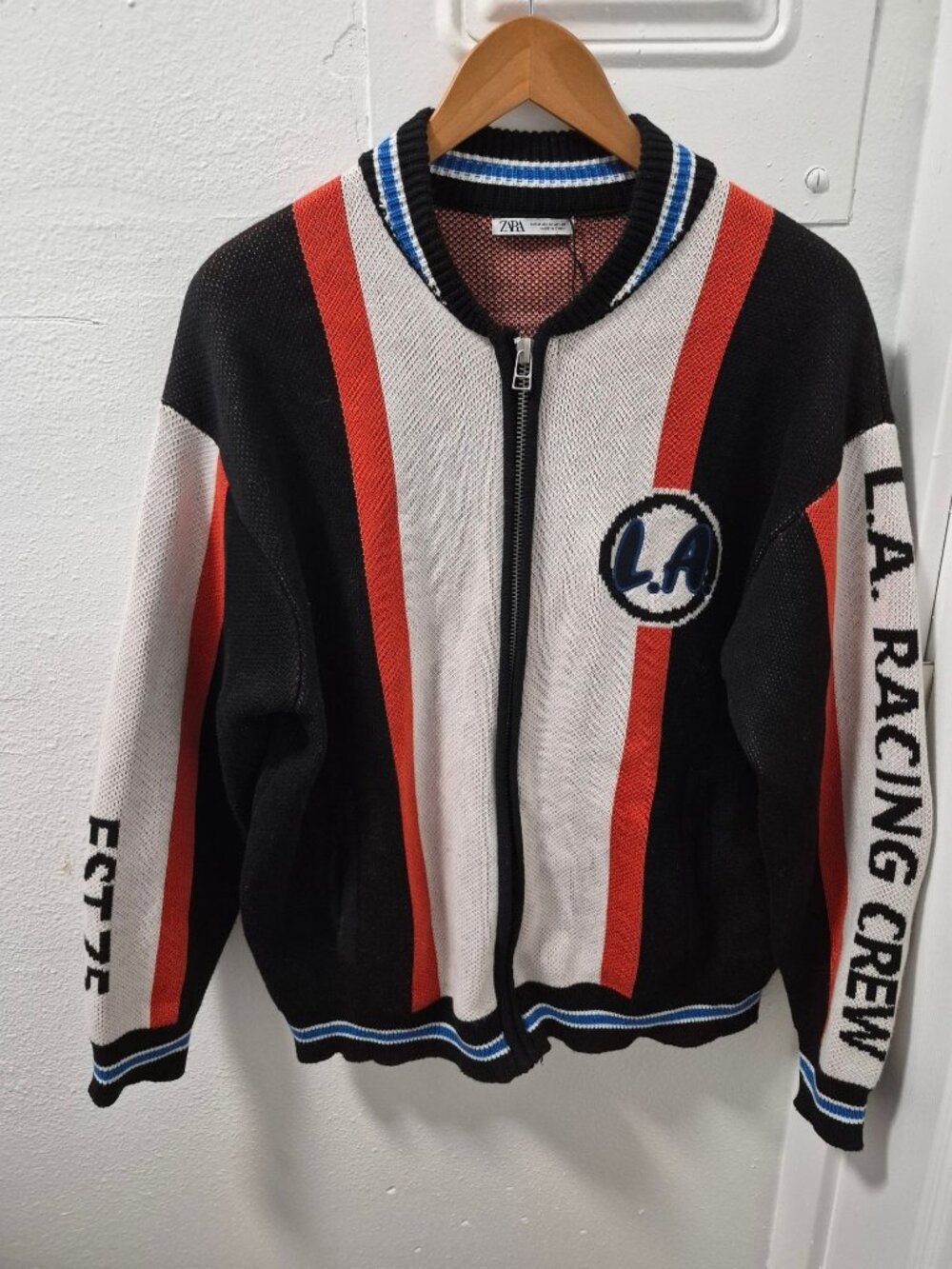 Zara L.A. Racing Crew Jacket Black/Red/White SZ Medium Polyester Blend Full-Zip